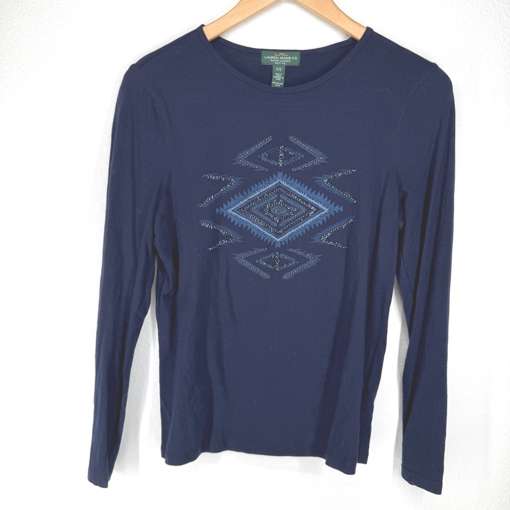 Ralph Lauren‎ Navy Blue Beaded Southwestern Aztec Long Sleeve Cotton Top Small